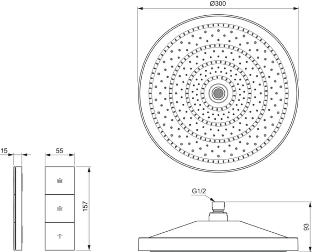 Runde Regenbrause von Ideal Standard mit gleichmäßig verteilten Düsen, montiert auf einem kurzen, konischen Stutzen. Seitliche und frontale Ansichten sind dargestellt.